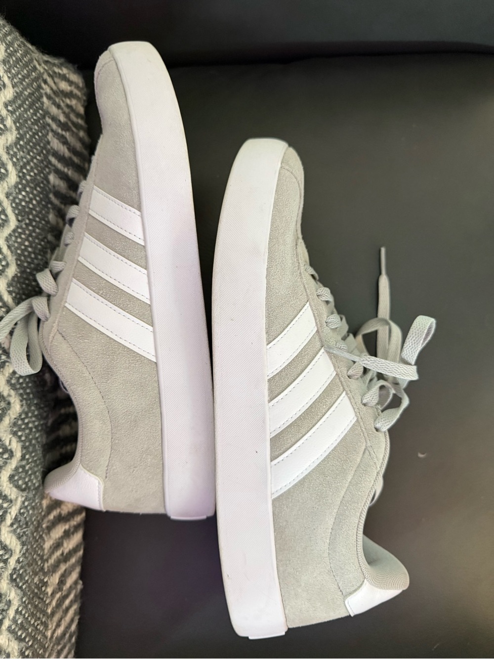 Adidas W-11 once-worn light grey suede low-top sneakers with white stripes. - Picture 3 of 5